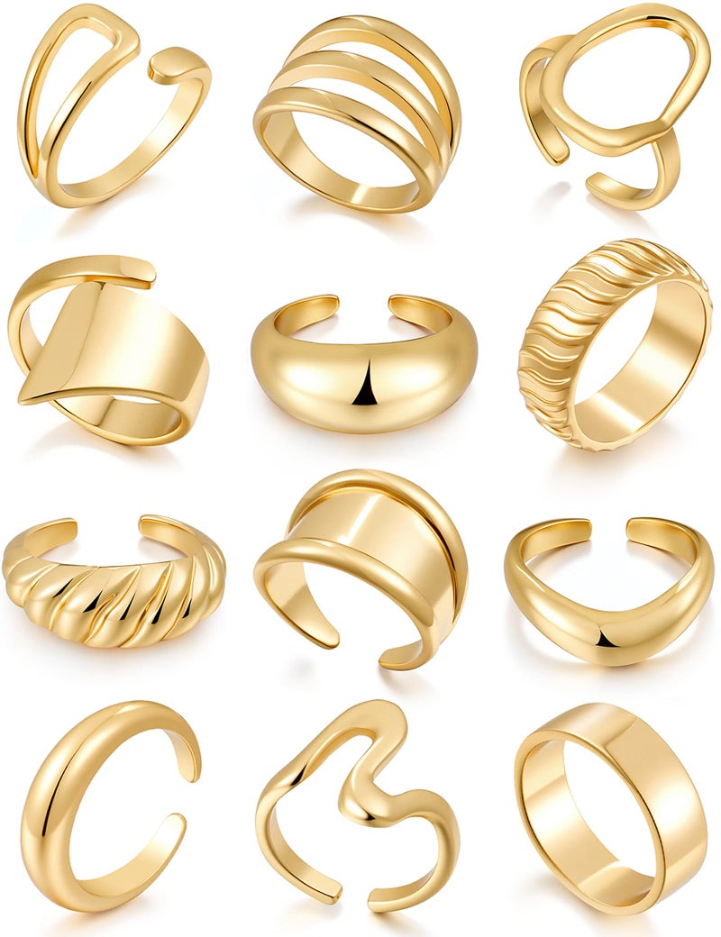 17mile 17 MILE 12 PCS Chunky Gold Rings for Women Non Tarnish, 18K Gold Plated Statement Open Stacking Rings, Stackable Knuckle Band Ring Set - Image 1
