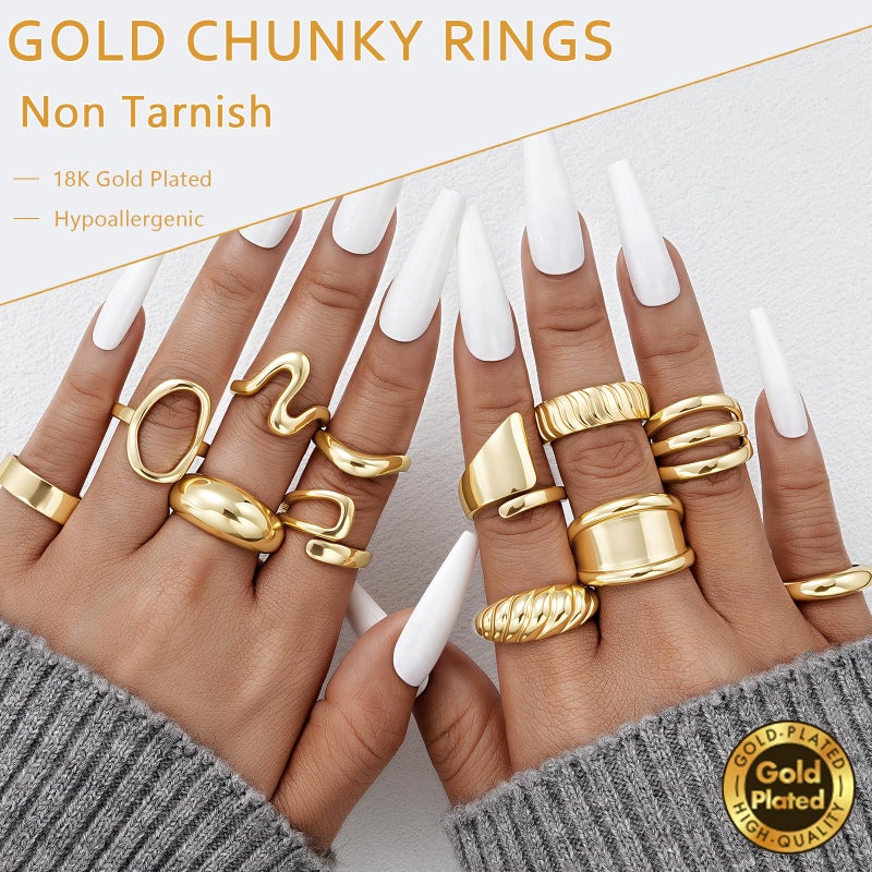 17mile 17 MILE 12 PCS Chunky Gold Rings for Women Non Tarnish, 18K Gold Plated Statement Open Stacking Rings, Stackable Knuckle Band Ring Set - Image 3