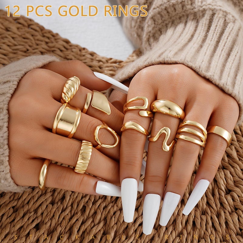 17mile 17 MILE 12 PCS Chunky Gold Rings for Women Non Tarnish, 18K Gold Plated Statement Open Stacking Rings, Stackable Knuckle Band Ring Set - Image 5