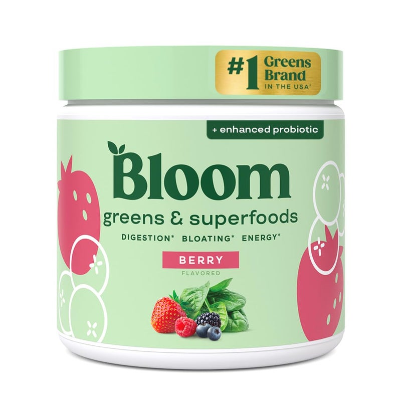Bloom Nutrition Superfood Greens Powder Digestive Enzymes with Probiotics and Prebiotics Gut Health Bloating Relief for Women Chlorella Green Juice Mix with Beet Root Powder 30 SVG Berry