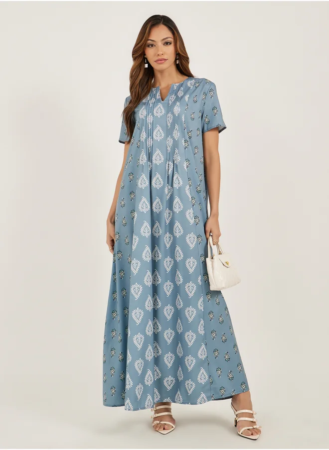 Styli Styli All Over Print Short Sleeve Pintuck Jalabiya