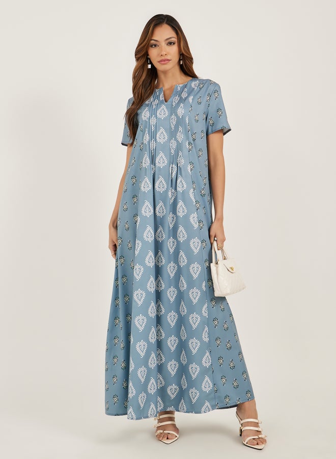 Styli Styli All Over Print Short Sleeve Pintuck Jalabiya  - Image 2