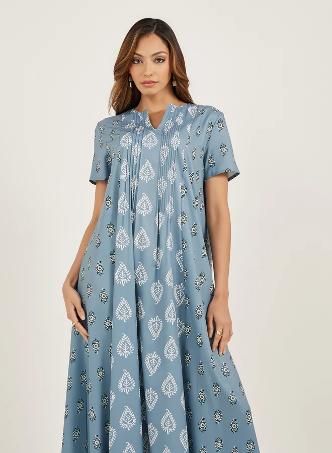 Styli Styli All Over Print Short Sleeve Pintuck Jalabiya