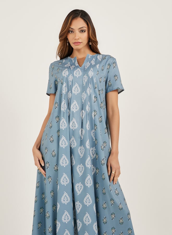 Styli Styli All Over Print Short Sleeve Pintuck Jalabiya  - Image 3