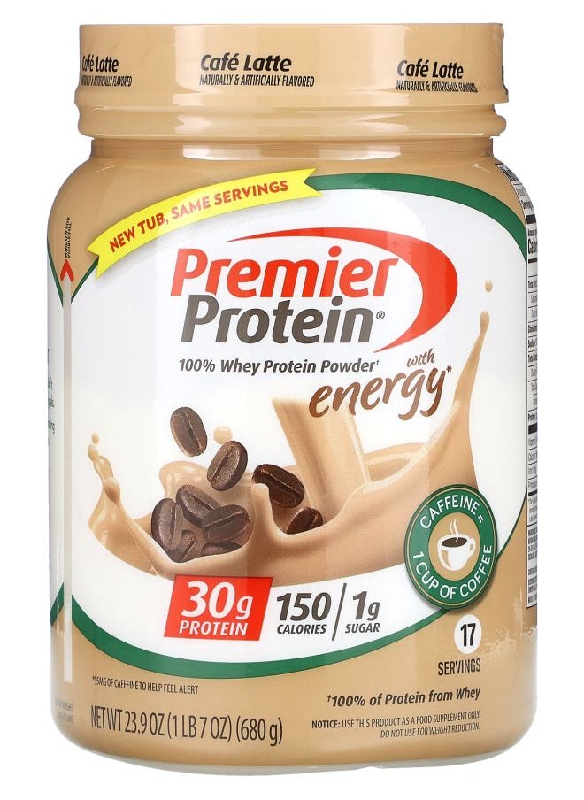 Premier Protein 100% Whey Protein Powder with Energy Cafe Latte 23.9 oz (680 g) 