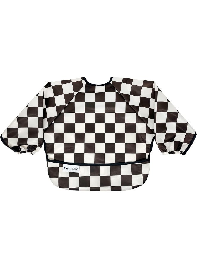 Tiny Twinkle Tiny Twinkle Mess Proof Baby Bib, Cute Full Sleeve Bib Outfit, Waterproof Bibs for Toddlers, Machine Washable, Tug Proof, Baby Smock for Eating, Long Sleeved (Checkers Black, Small 6-24 Months)  - Image 1