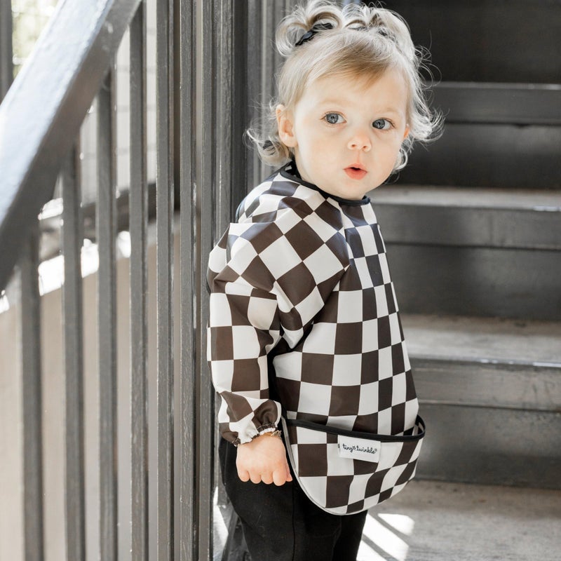 Tiny Twinkle Long Sleeve Bib for Babies & Toddlers - Waterproof Smock Bib for Eating - Machine Washable & Mess-Proof, Baby Feeding Essential & Shower Must-Have(Checkers Black, 6-24M) - Image 5