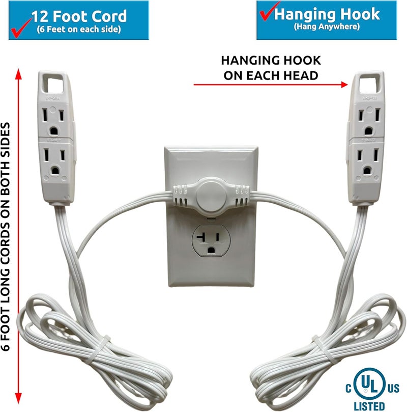 W4W , Twin Extension Cord Power Strip - 12 Foot Cord - 6 feet on Each Side - Flat Head (Wall Hugger) Outlet Plug - 6 Polarized Outlets with Safety Cover - Image 2