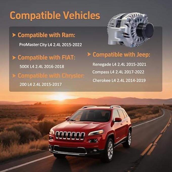 tiubvfdd Alternator Replacement New For 2015-2017 Chrysler 200, 2015-2022 Ram ProMaster City, 2014-2019 Jeep Cherokee, 2017-2022 Jeep Compass, 2015-2021 Jeep Renegade - Replaces 56029624AB, 56029624AC - Image 2