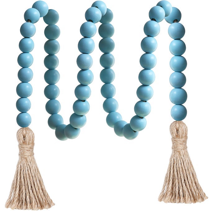 39IN WOOD BEAD GARLAND FARMHOUSE WITH TASSELSVERSATILE PRAYER BEADS BOHO CHIC WALL HANGING HOME DECOR BLUE