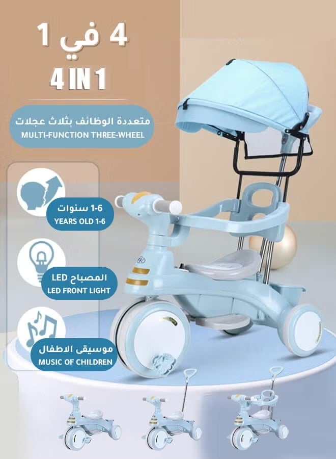 WALALLA 4-in-1 Baby Tricycle - Adjustable Convertible Trike with Canopy & Parent Push Handle | LED Lights, Storage Basket & Safety Harness | Ages 1-6 Years (Blue) - Image 1