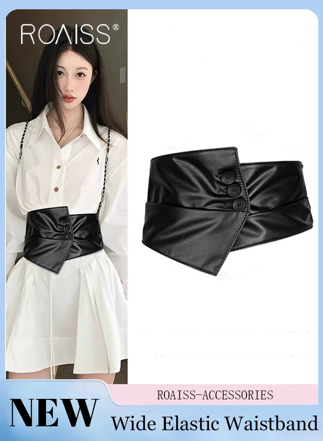 roaiss Women's Wide Elastic Black Belt, Versatile and Fashionable with Shirt Dress Suit Three-buckle Belt, Tight Waistband, Suitable for Casual and Party Wear - Image 1