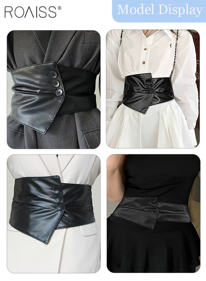 roaiss Women's Wide Elastic Black Belt, Versatile and Fashionable with Shirt Dress Suit Three-buckle Belt, Tight Waistband, Suitable for Casual and Party Wear - Image 3