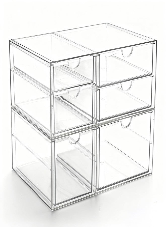 Prsildan Acrylic Drawer Makeup Organizer with 6 Drawers, Set of 2 Office Desk Organizers Accessories, Clear Stackable Storage Drawers for Vanity, Craft, Not for Baby Bottle (Largest Drawer 4" Tall) - Image 1