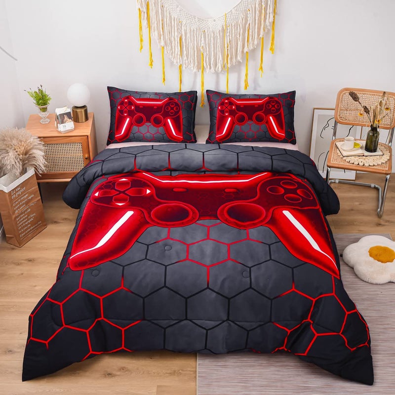 NTBED Game Console Comforter Set for Boys Girls Kids 3D Gaming Geometric Lightweight Microfiber Gamer Bedding Sets Red Twin 5Pcs