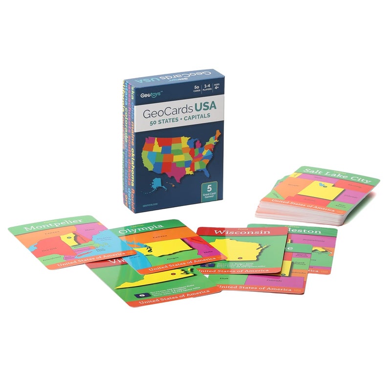 Geotoys بطاقات جغرافيا جيتويز جيوكاردز الولايات المتحدة الأمريكية - لعبة بطاقات جغرافية للأطفال وألعاب عائلية للتعليم المنزلي والسفر - بطاقات الولايات والعواصم - ألعاب ممتعة للأطفال من عمر 4 سنوات وما فوق - Image 3
