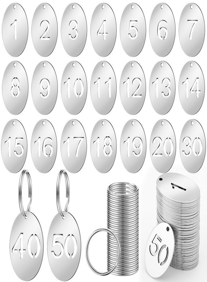 Yaocom 50 Pcs Hollowed Stainless Steel Number Tags Metal Numbered Key Tags Number Key ID Tags with Key Rings Chain (Oval, 1-50) - Image 1