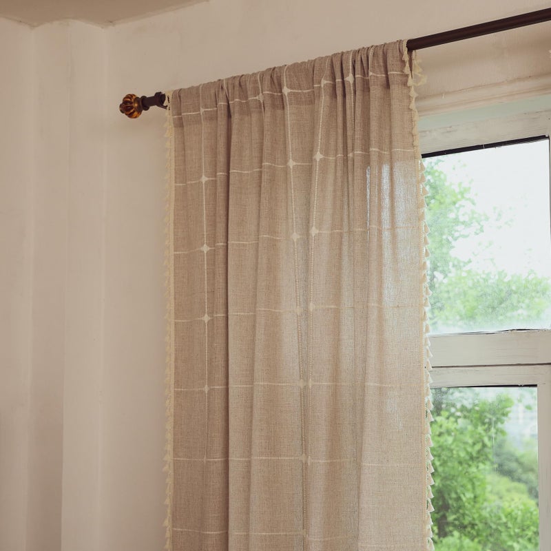 Deeprove Boho Curtains 96 Inches Length for Living Room  Bohemian Lattice Gingham Chic Textured Embroidery Plaids  Vintage Tassels Country Decor Drapery  Rod Pocket  1 Panel W52 x L96  Natural Linen - Image 3