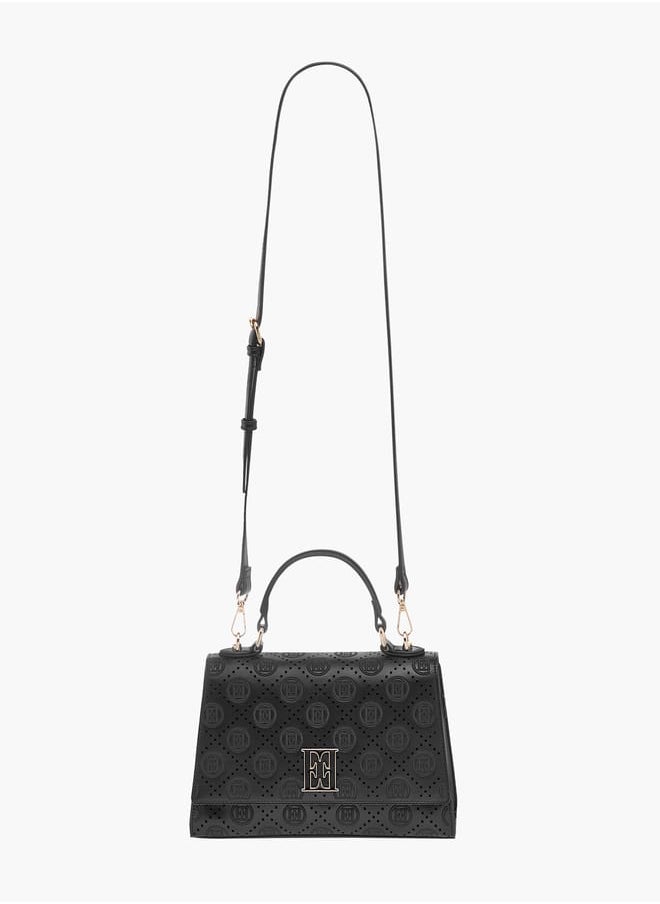 ELLE Monogram Embroidered Satchel Bag with Detachable Strap and Flap Closure  - Image 2