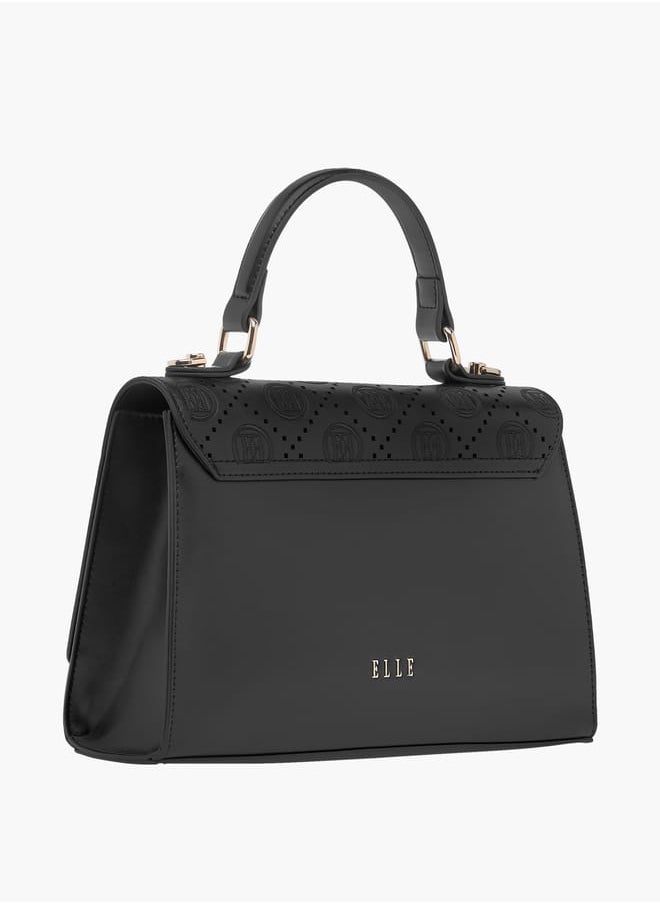 ELLE Monogram Embroidered Satchel Bag with Detachable Strap and Flap Closure  - Image 3