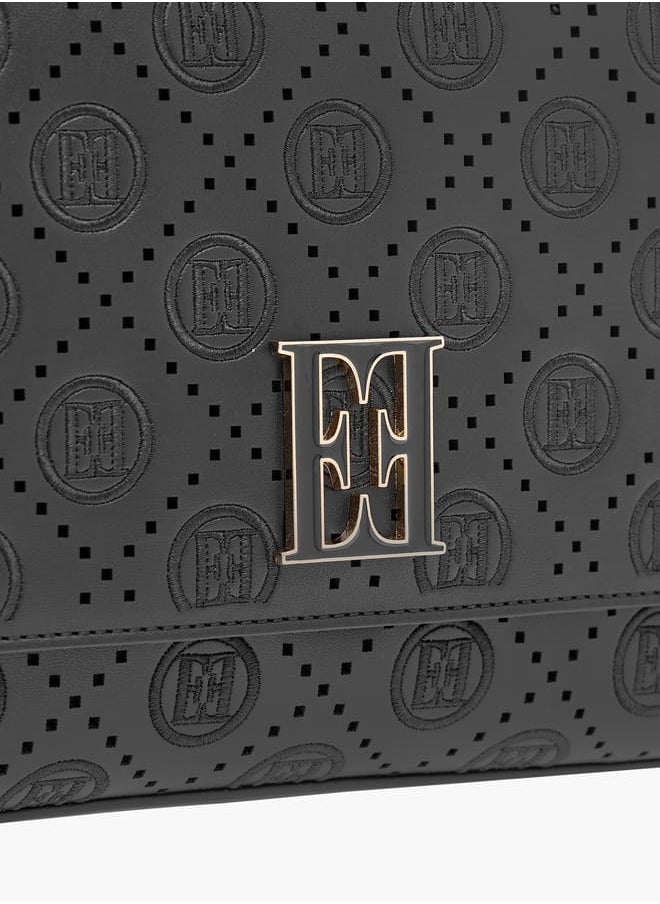 ELLE Monogram Embroidered Satchel Bag with Detachable Strap and Flap Closure  - Image 4