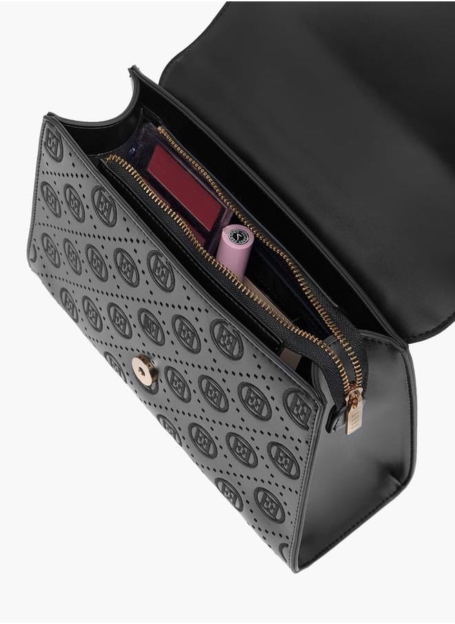 ELLE - Monogram Embroidered Satchel Bag with Detachable Strap and Flap Closure - Image 1