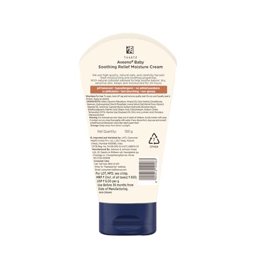 Aveeno Baby Soothing Relief Moisture Cream 100G 24-Hour Protection Dry, Itchy, Sensitive Skin|Clinically Proven|Active Oats|Us Pediatrician Recommended|Hypoallergenic, Fragrance-Free & Paraben-Free - Image 2