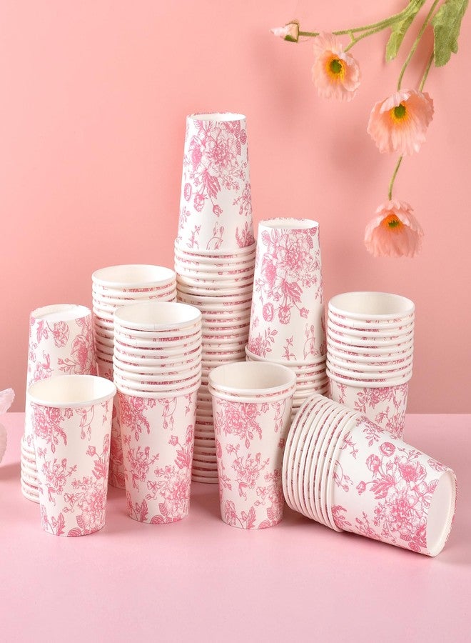 Elyxio 100Pcs Floral Paper Cups Pink Flowers Paper Cups 9oz Disposable Pink and White Toile Chinoiserie Drinking Cups for Hot Cold Beverage Bridal Baby Shower Birthday Party Supplies - Image 3