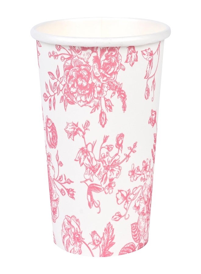 Elyxio 100Pcs Floral Paper Cups Pink Flowers Paper Cups 9oz Disposable Pink and White Toile Chinoiserie Drinking Cups for Hot Cold Beverage Bridal Baby Shower Birthday Party Supplies - Image 1