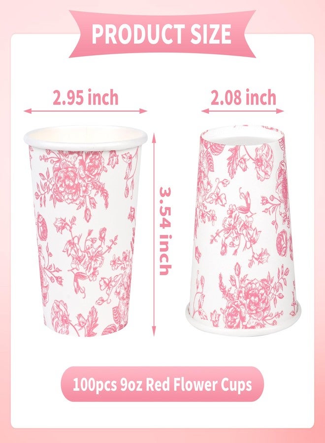 Elyxio 100Pcs Floral Paper Cups Pink Flowers Paper Cups 9oz Disposable Pink and White Toile Chinoiserie Drinking Cups for Hot Cold Beverage Bridal Baby Shower Birthday Party Supplies - Image 2