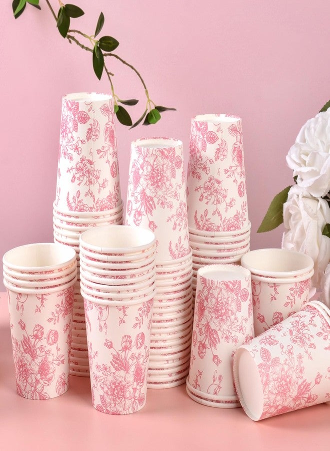 Elyxio 100Pcs Floral Paper Cups Pink Flowers Paper Cups 9oz Disposable Pink and White Toile Chinoiserie Drinking Cups for Hot Cold Beverage Bridal Baby Shower Birthday Party Supplies - Image 5