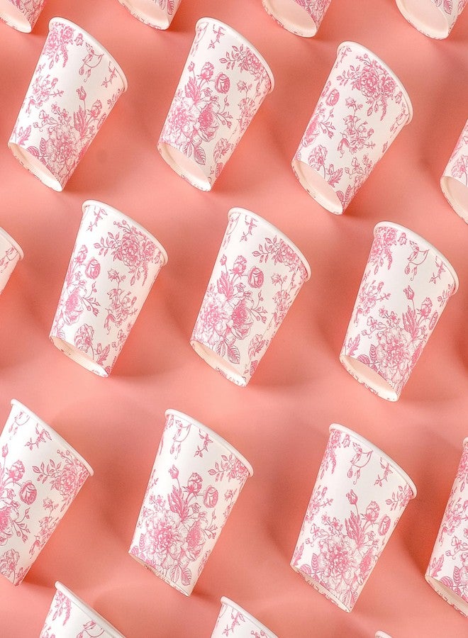 Elyxio 100Pcs Floral Paper Cups Pink Flowers Paper Cups 9oz Disposable Pink and White Toile Chinoiserie Drinking Cups for Hot Cold Beverage Bridal Baby Shower Birthday Party Supplies - Image 4