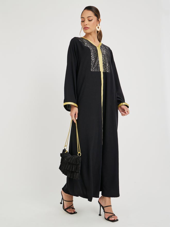 Styli Amirah Foil Print Yoke V Neck Jalabiya with Lace Detail  - Image 1