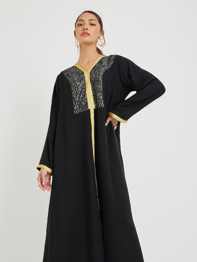 Styli Amirah Foil Print Yoke V Neck Jalabiya with Lace Detail  - Image 2