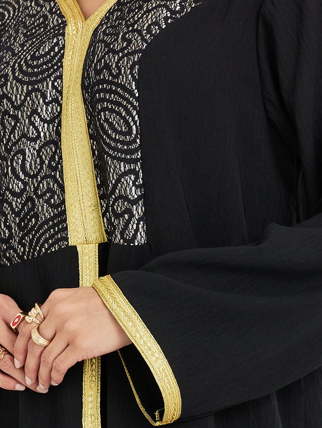 Styli Amirah Foil Print Yoke V Neck Jalabiya with Lace Detail  - Image 3