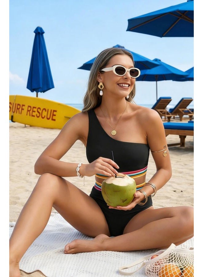 Holipick Women One Shoulder High Waisted Bikini Sets Two Piece Swimsuit Tummy Control Bathing Suit Full Coverage Swimwear, Black Colorful Woven, L - Image 3