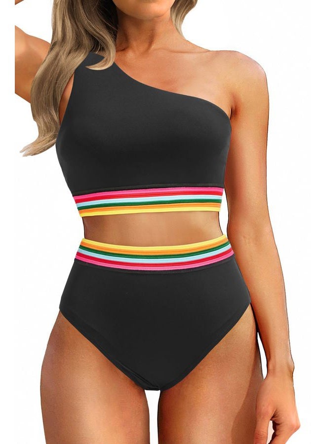 Holipick Women One Shoulder High Waisted Bikini Sets Two Piece Swimsuit Tummy Control Bathing Suit Full Coverage Swimwear, Black Colorful Woven, L - Image 1