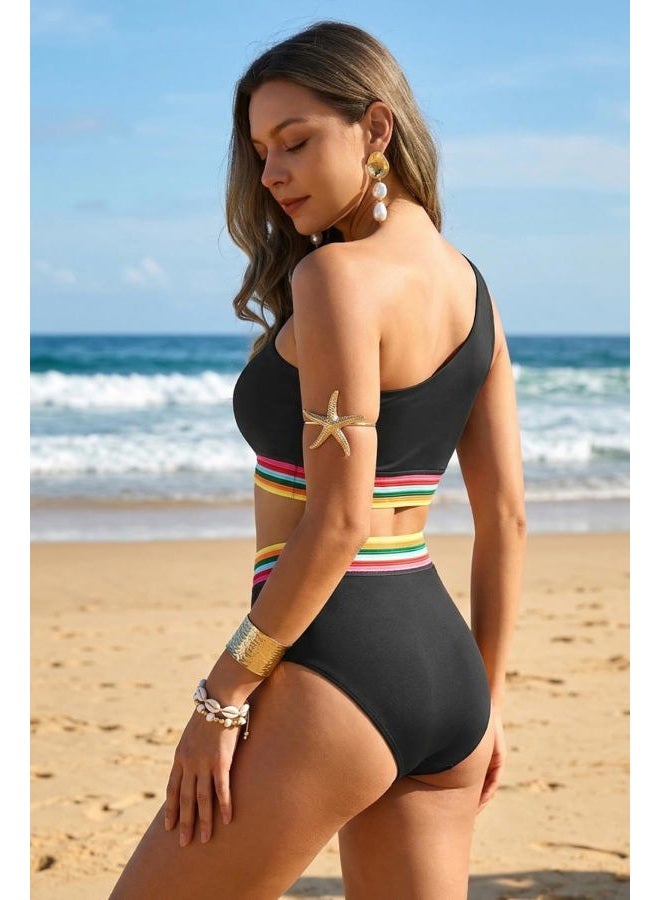 Holipick Women One Shoulder High Waisted Bikini Sets Two Piece Swimsuit Tummy Control Bathing Suit Full Coverage Swimwear, Black Colorful Woven, L - Image 2