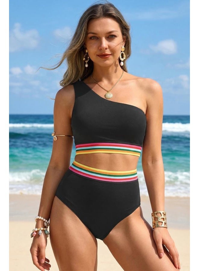 Holipick Women One Shoulder High Waisted Bikini Sets Two Piece Swimsuit Tummy Control Bathing Suit Full Coverage Swimwear, Black Colorful Woven, L - Image 4