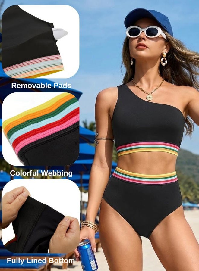 Holipick Women One Shoulder High Waisted Bikini Sets Two Piece Swimsuit Tummy Control Bathing Suit Full Coverage Swimwear, Black Colorful Woven, L - Image 5