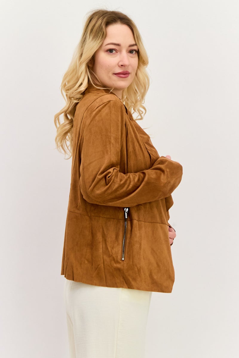 Bagatelle Women Notched Collar Plain Cardigan, Brown  - Image 2