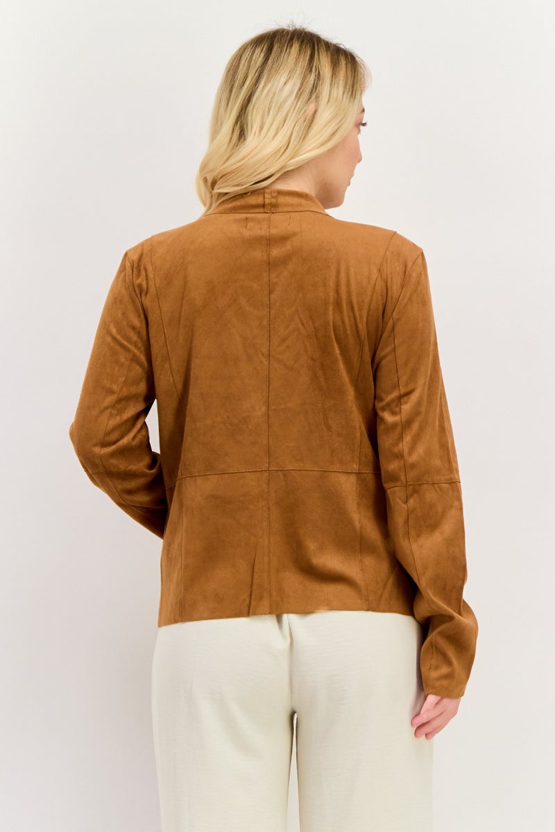 Bagatelle Women Notched Collar Plain Cardigan, Brown  - Image 3