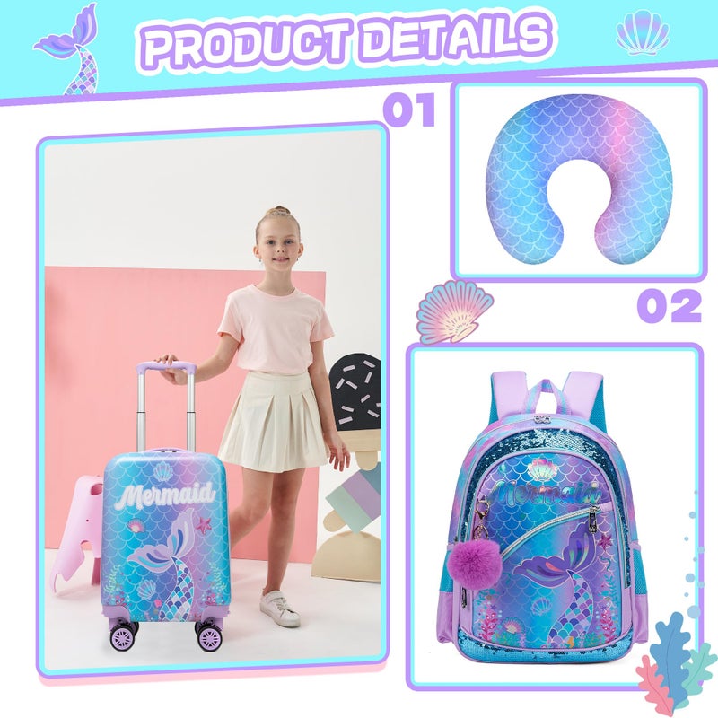 Inprof Cute Mermaid Kidâ€™s Luggage Set 5 Piece Suitcase Set 16â€™â€™ Hardside Luggage with Spinner Wheels Girls Travel Rolling Luggage Carry on Luggage Airline Approved - Image 3