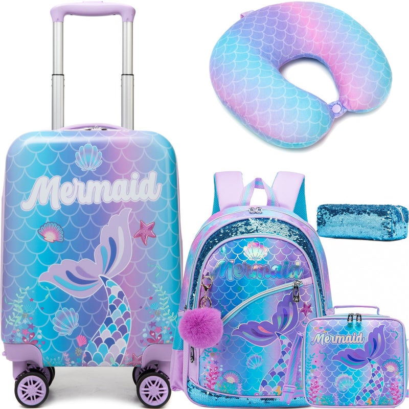 Inprof Cute Mermaid Kidâ€™s Luggage Set 5 Piece Suitcase Set 16â€™â€™ Hardside Luggage with Spinner Wheels Girls Travel Rolling Luggage Carry on Luggage Airline Approved - Image 1