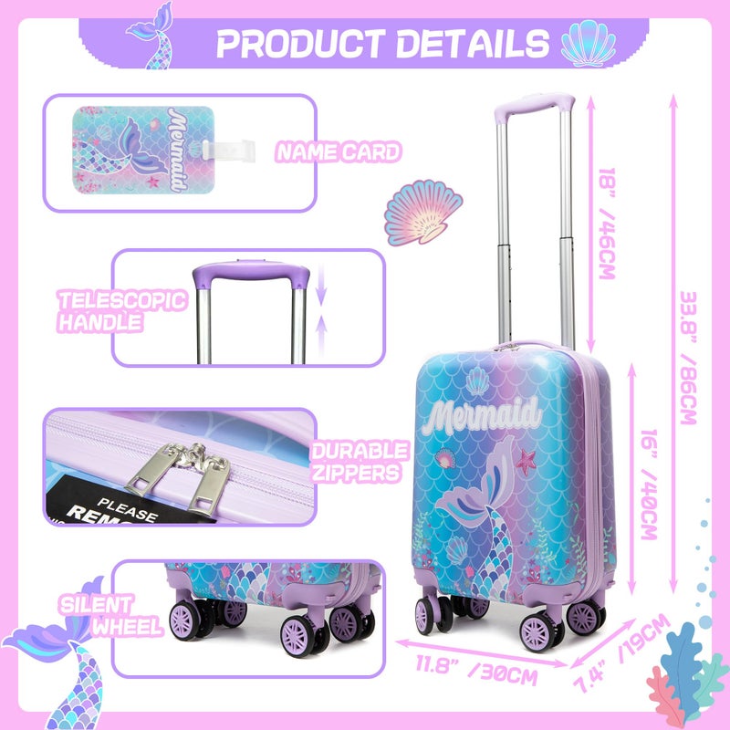 Inprof Cute Mermaid Kidâ€™s Luggage Set 5 Piece Suitcase Set 16â€™â€™ Hardside Luggage with Spinner Wheels Girls Travel Rolling Luggage Carry on Luggage Airline Approved - Image 2