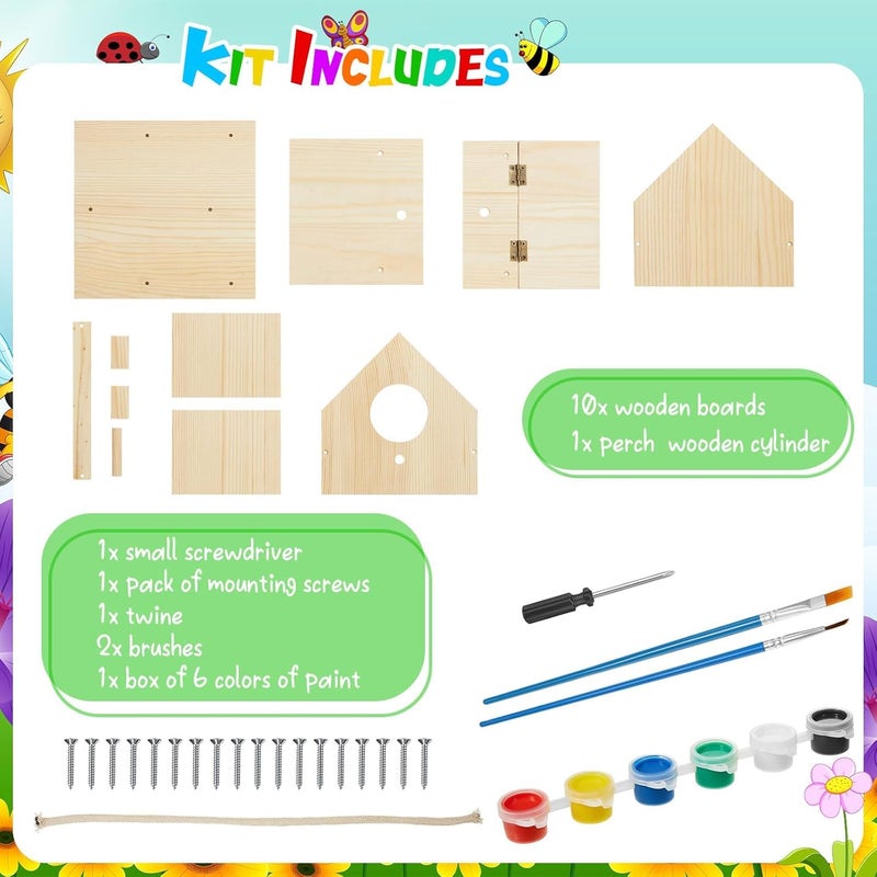Liliful 1 Sets Wooden DIY Birdhouse Kit, Unfinished Bird Houses with Paints and Paintbrushes, Bird Feeder Craft Arts for Kids Ages 4-8, 8-12, Classroom Activity and Adults Wooden Craft Gifts - Image 3