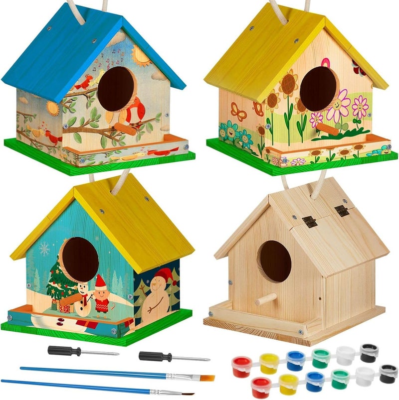 Liliful 1 Sets Wooden DIY Birdhouse Kit, Unfinished Bird Houses with Paints and Paintbrushes, Bird Feeder Craft Arts for Kids Ages 4-8, 8-12, Classroom Activity and Adults Wooden Craft Gifts - Image 1