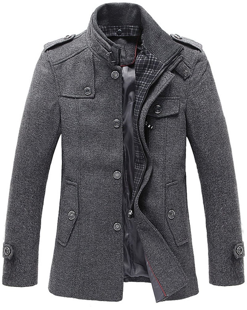 chouyatou Men's Stand Collar Wool-Blend Classic Pea Coat with Removable Inner Collar (Medium, H36-Gray) - Image 1