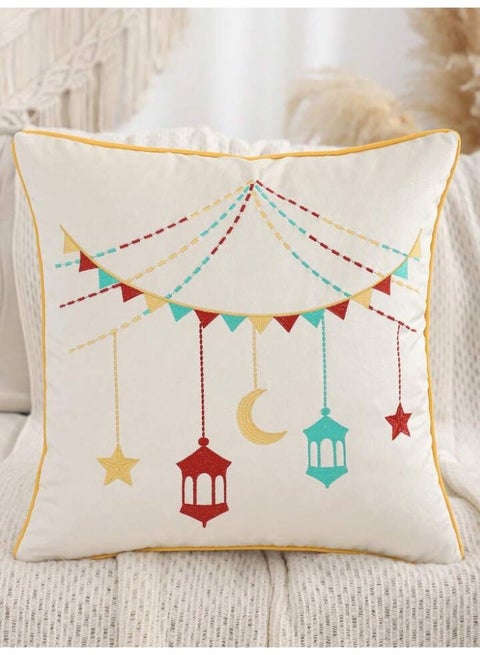 Elegant Ramadan Embroidered Cushion Cover with Crescent Moon and Lantern Designs, Made from Premium Fabric – 45×45 cm