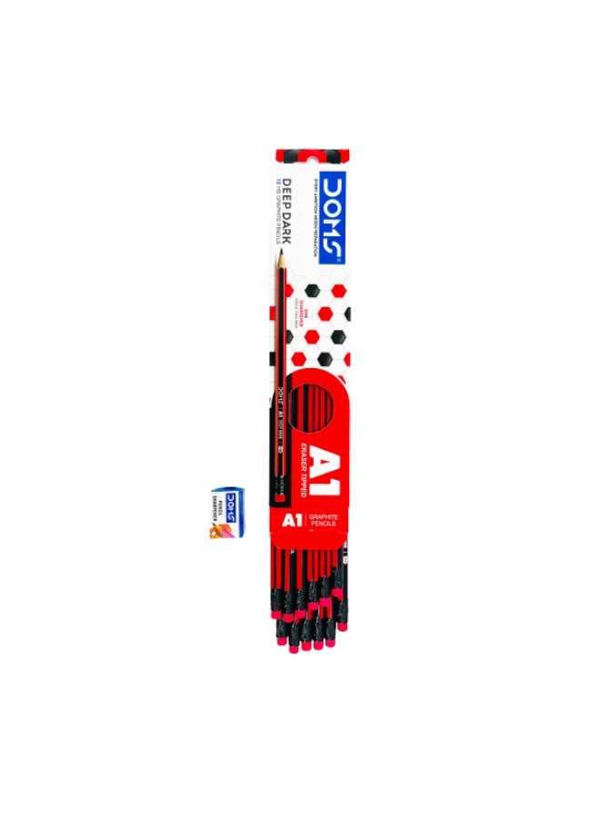 DOMS A1 Deep Dark HB Pencils – Pack of 12 Eraser-Tipped Graphite Pencils with 1 Sharpener | Smooth Writing for School, Office & Drawing - Image 1